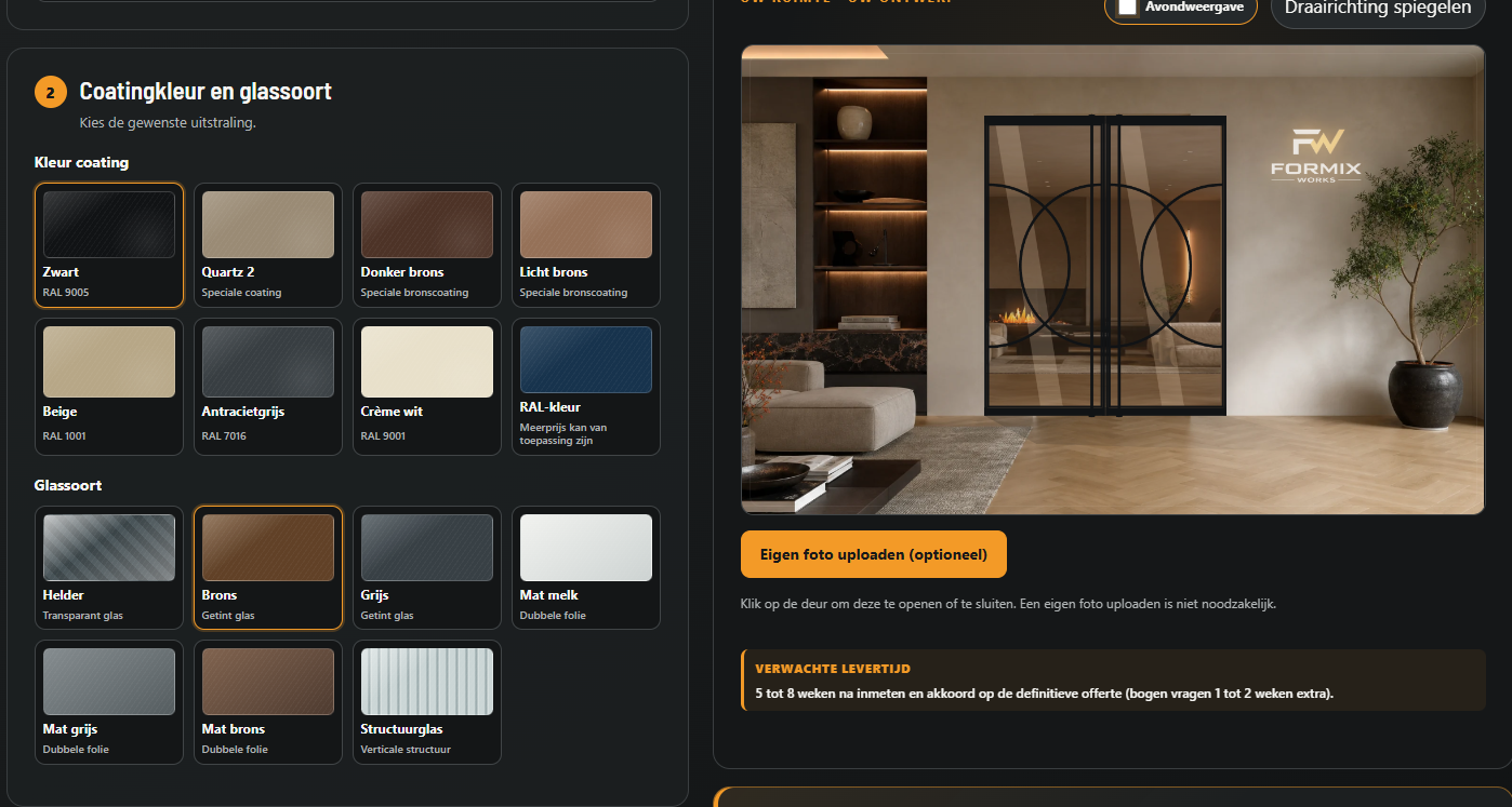 FORMIX WORKS configurator met coatingkleuren, glassoorten en voorbeeld van een stalen deur