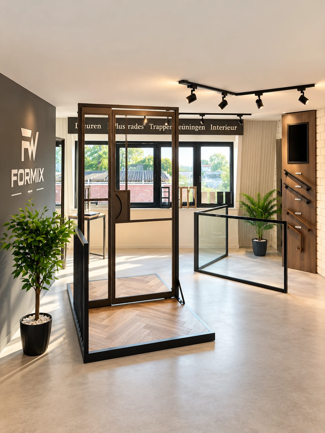 Overzicht van de FORMIX WORKS showroom met stalen deuren, balustrade en presentatie van grepen