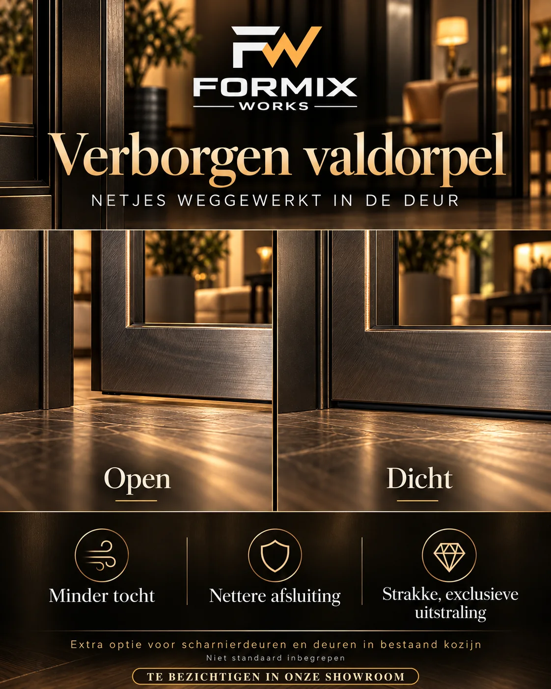 Illustratie van een verborgen valdorpel in een stalen deur, geopend en gesloten